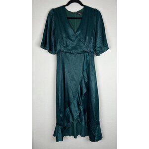 Lulu’s Ruffle Wrap Midi Dress Emerald Green Medium Lined V-neck